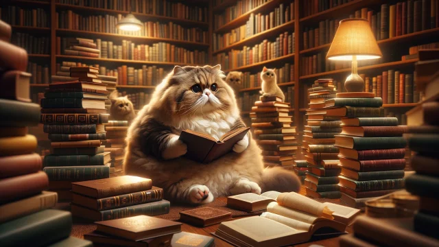 本を読み漁る太った猫